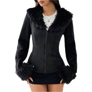 Women's Suede Jacket Faux Fur Collar Zip Up Long Sleeve Fuzzy Jackets Outerwear